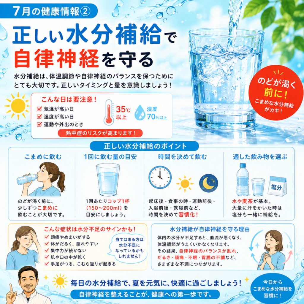 正しい水分補給で自律神経を守る！夏バテ・熱中症を防ぐ4つのポイント｜渋川整骨院