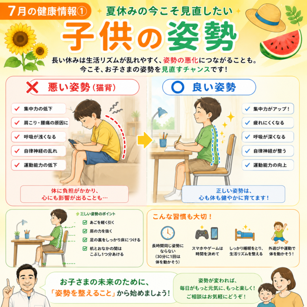 夏休みは子供の姿勢を見直すチャンス！猫背のデメリットと正しい姿勢のポイント｜渋川整骨院