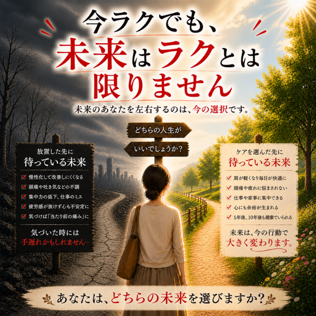 今ラクでも未来はラクとは限らない?肩こり・不調の根本原因にアプローチ|渋川整骨院