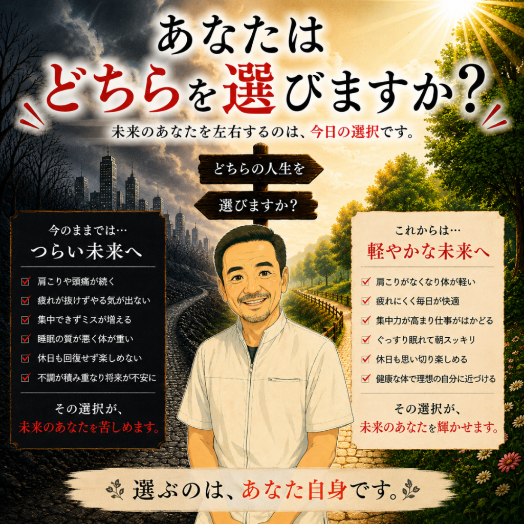 あなたはどちらの未来を選びますか?肩こり・慢性疲労を断ち切る根本骨格調整