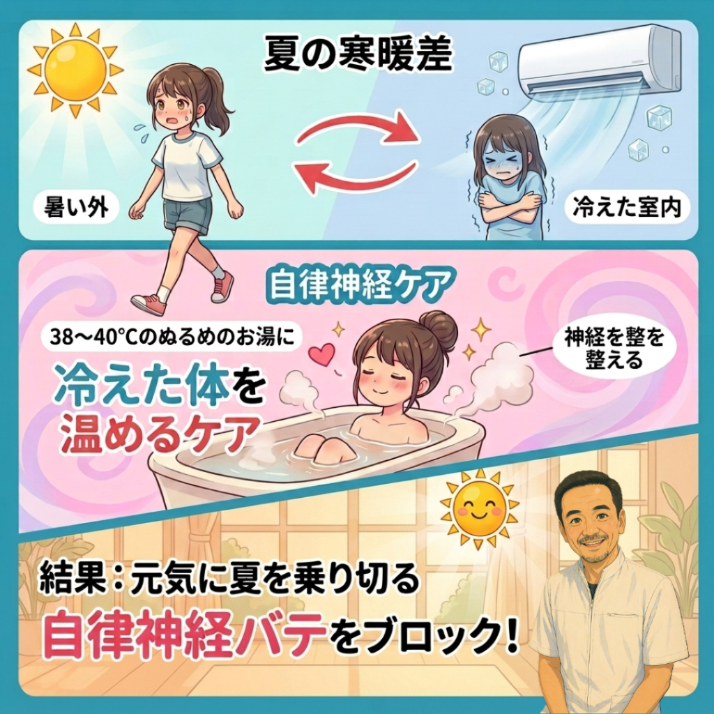 夏の寒暖差バテ・だるさを解消!自律神経を整える簡単入浴ケア渋川整骨院