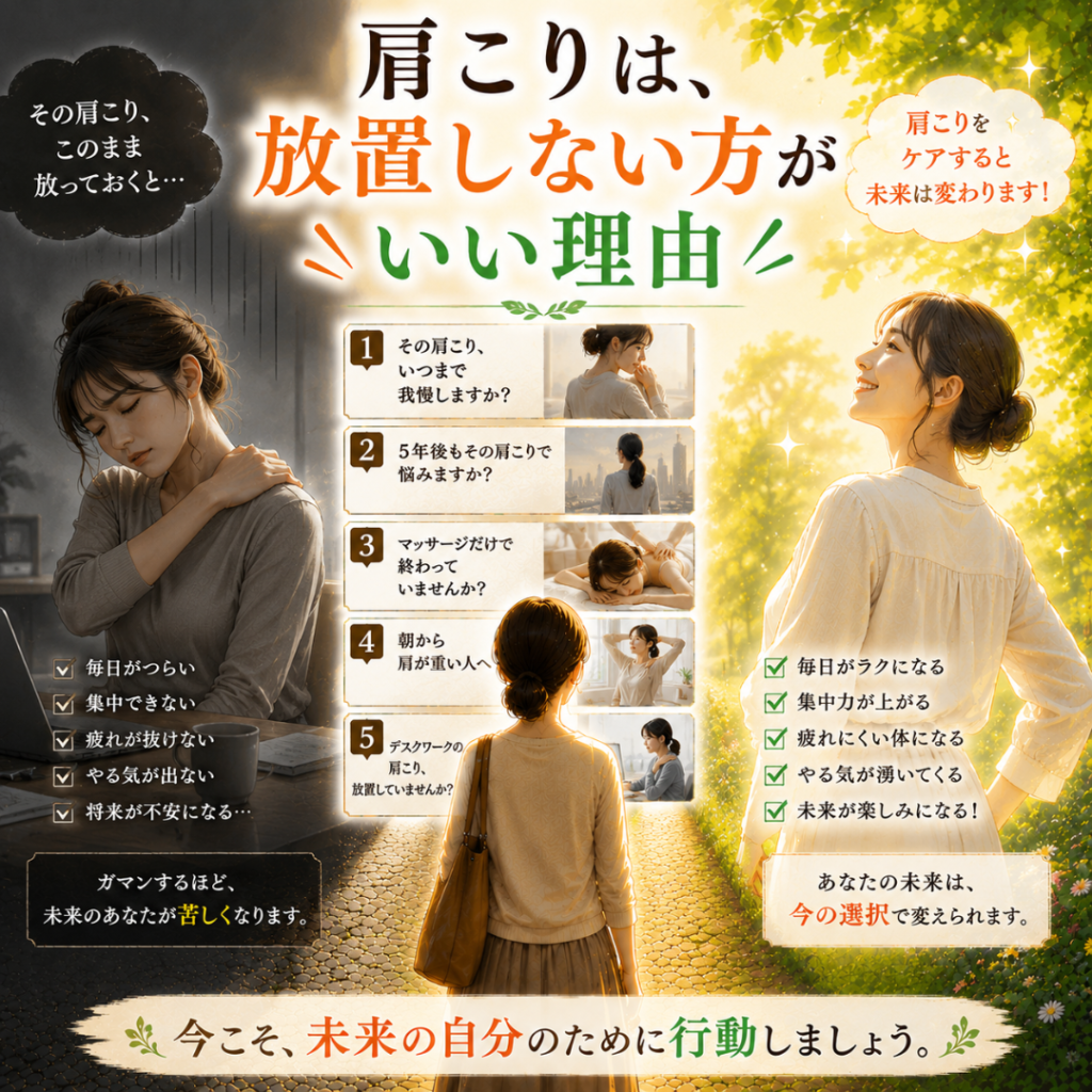 【総まとめ】肩こりを放置してはいけない理由と未来を変える選択｜渋川整骨院
