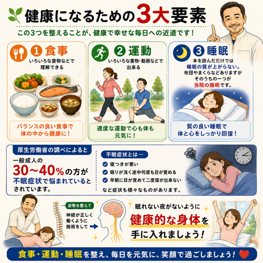 健康になるための3大要素「食事・運動・睡眠」を整える！眠れない夜をなくす根本改善法｜大田区千鳥町の渋川整骨院