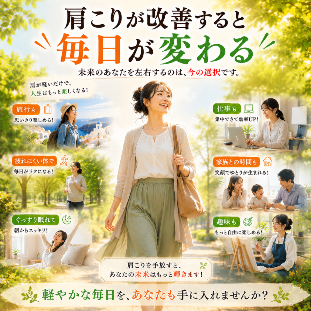 未来の生活】肩こり改善で毎日が変わる!輝く未来を手に入れる6つのメリット|渋川整骨院